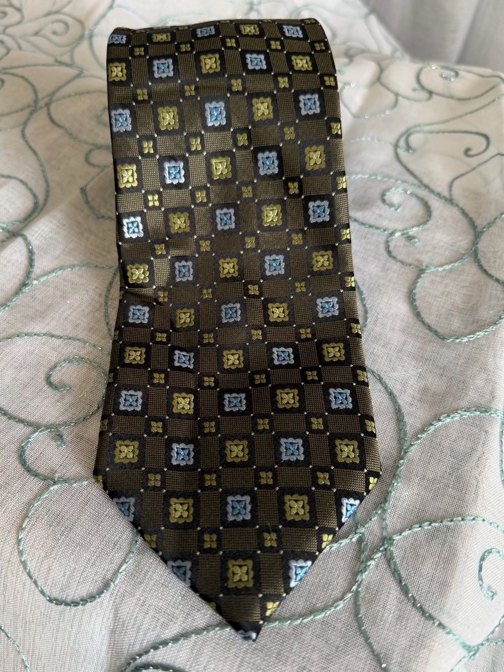 Enro Platinum Men’s Silk Tie -Olive Green Brown Geometric Pattern Vintage